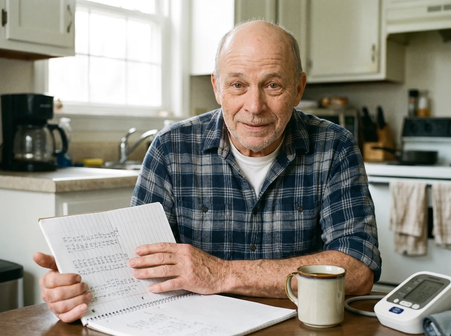 Robert Hendricks at his kitchen table, holding the notebook where he records every reading